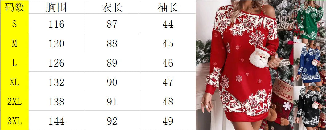 Abito donna autunno-inverno 2025 con stampa fiocchi di neve – mini dress manica lunga off-shoulder festa