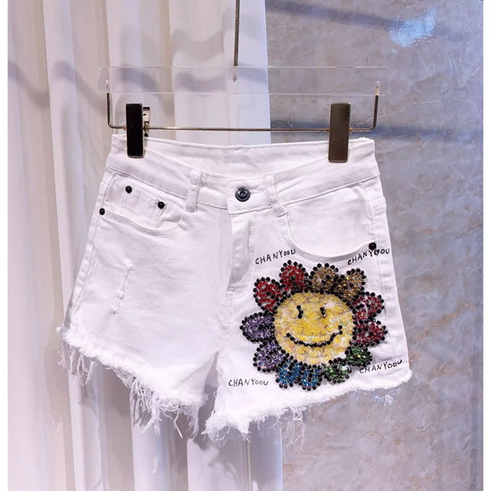 Shorts donna vita alta elasticizzati con strass – denim bianco slim fit per l’estate 2025