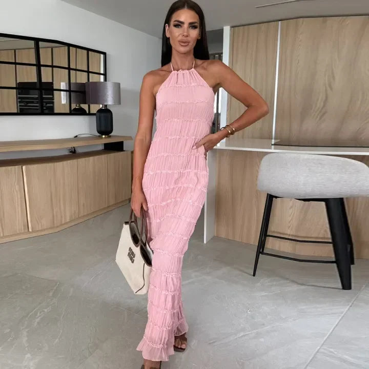 Abito Lungo Donna con Schiena Scoperta e Pieghe – Vestito Elegante Lotus Leaf 2026