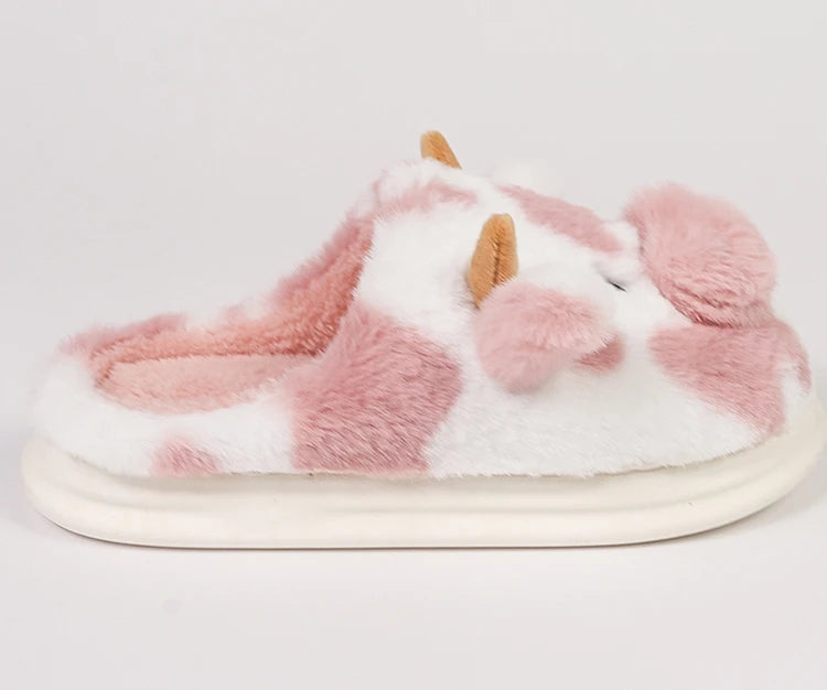 Casual Fluffy Slippers Women House Cute Cartoon Cow Designer Shoes Girl Flat Fashion Elegant Plush Winter Platform Footwear Home