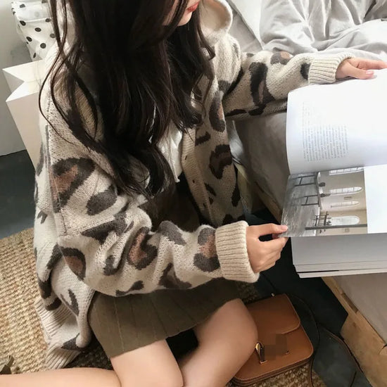 Cardigan leopardato donna con scollo a V stile coreano – Maglione knit oversize autunno/inverno animal print
