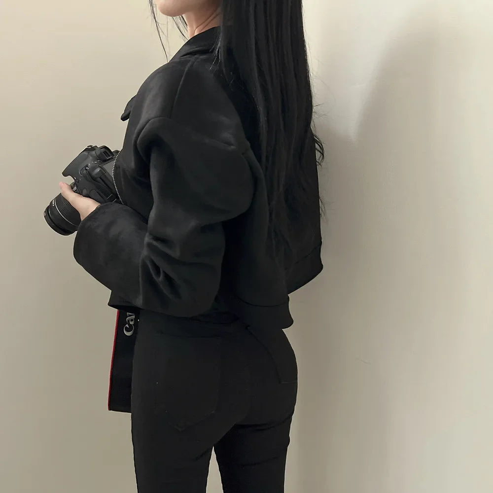 Giacca in pelle donna stile vintage – Giubbotto corto con zip, collo alla coreana, taglio slim fit, versatile e alla moda