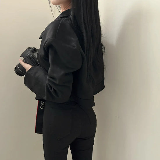 Giacca in pelle donna stile vintage – Giubbotto corto con zip, collo alla coreana, taglio slim fit, versatile e alla moda