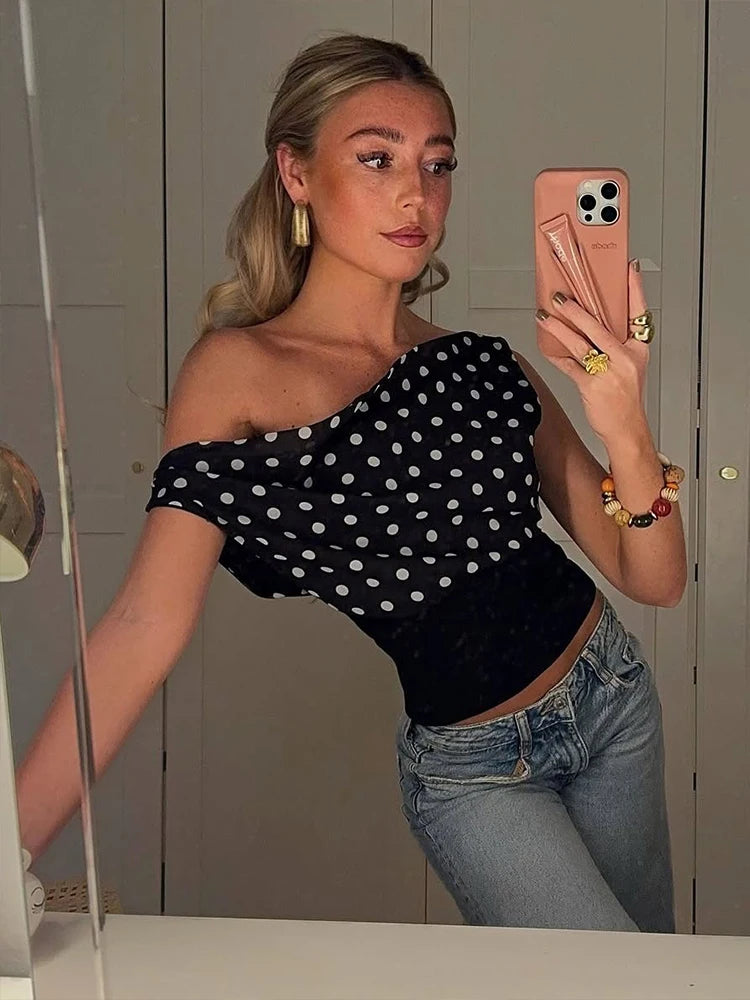 Weird Puss Polka Dots Print T-Shirts Women Summer Trend Skew Collar Off Shoulder Backless Street Fashion Trend Ruched Crop Tops
