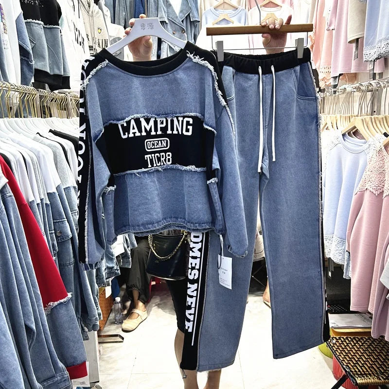 Completo Donna Denim Patchwork – Felpa + Pantaloni Streetwear Casual