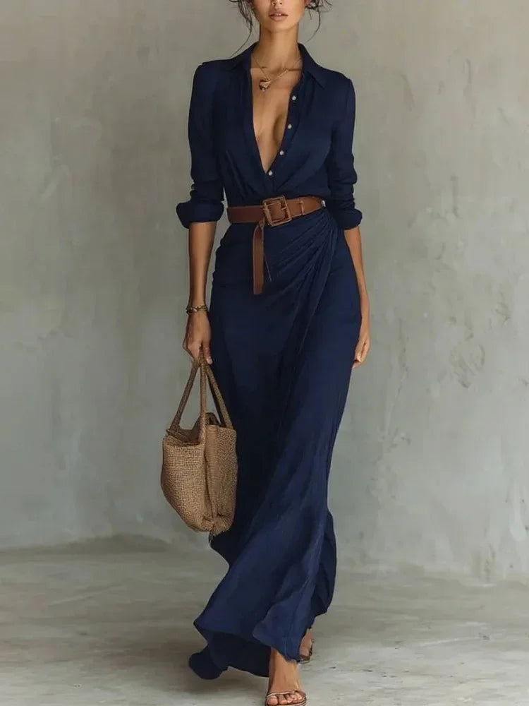 Vestito lungo donna 2025 ‒ abito elegante manica lunga con scollo profondo, cintura, taglio asimmetrico “irregular”, perfetto per party e occasioni speciali