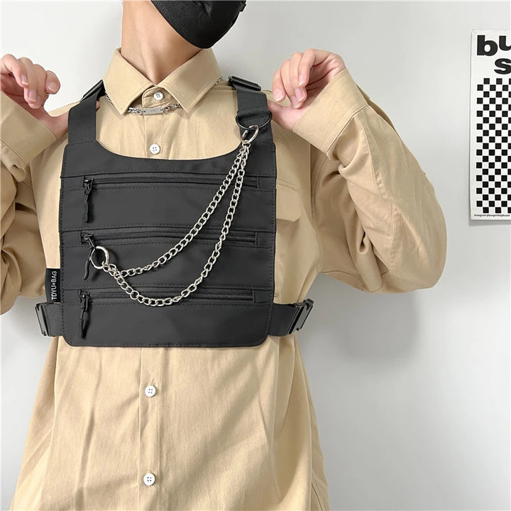 Borsa a petto unisex a 3 strati – pettorina nylon streetwear hip-hop versatile