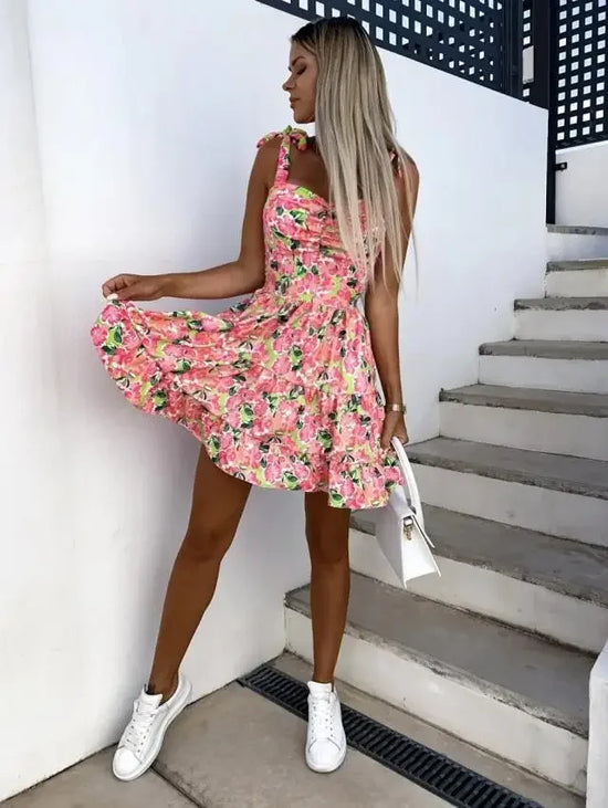 Abito mini estivo 2025 con stampa, scollo halter, spalline regolabili – Vestito donna fresco e unico