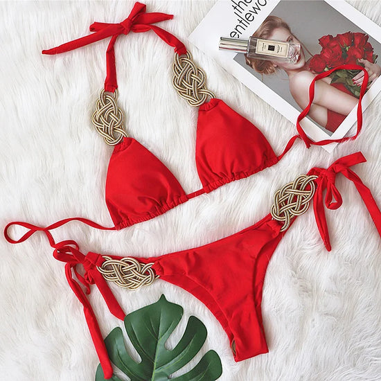 Bikini 2025 – Set Brasiliano Elegante con Nodo Oro, S–XL