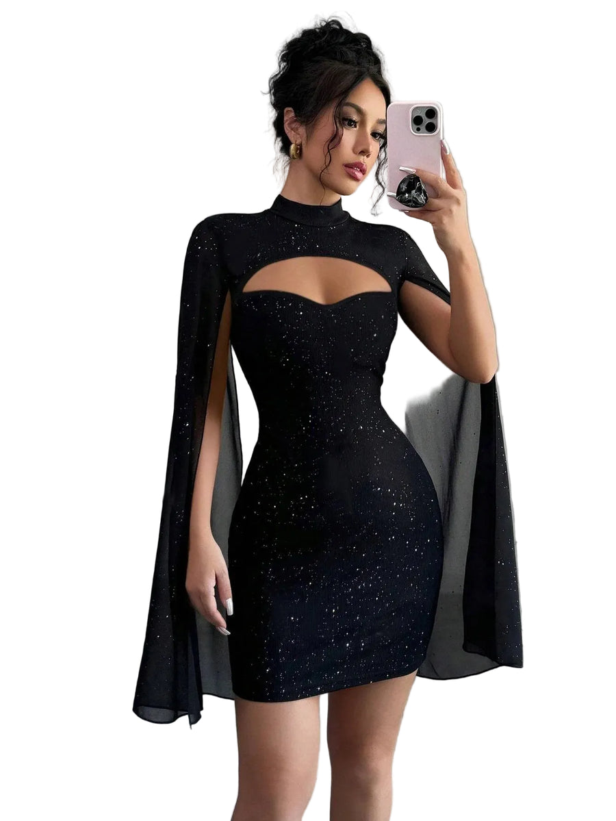 Abito elegante donna con mantella in chiffon per matrimonio e cerimonia 2026