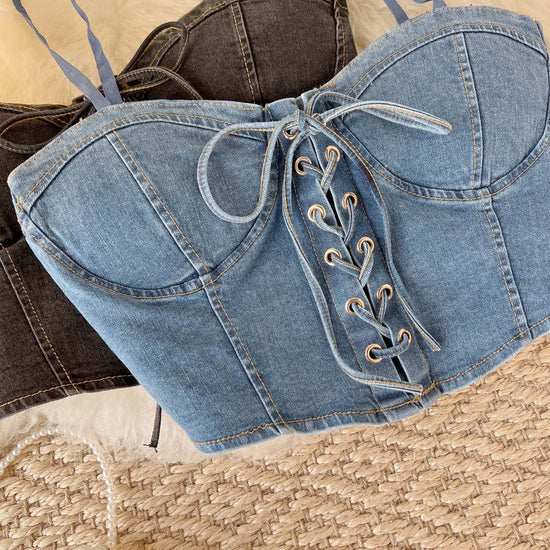 Top Denim Corsetto con Reggiseno Integrato – Crop Top Donna