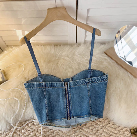 Top Denim Corsetto con Reggiseno Integrato – Crop Top Donna