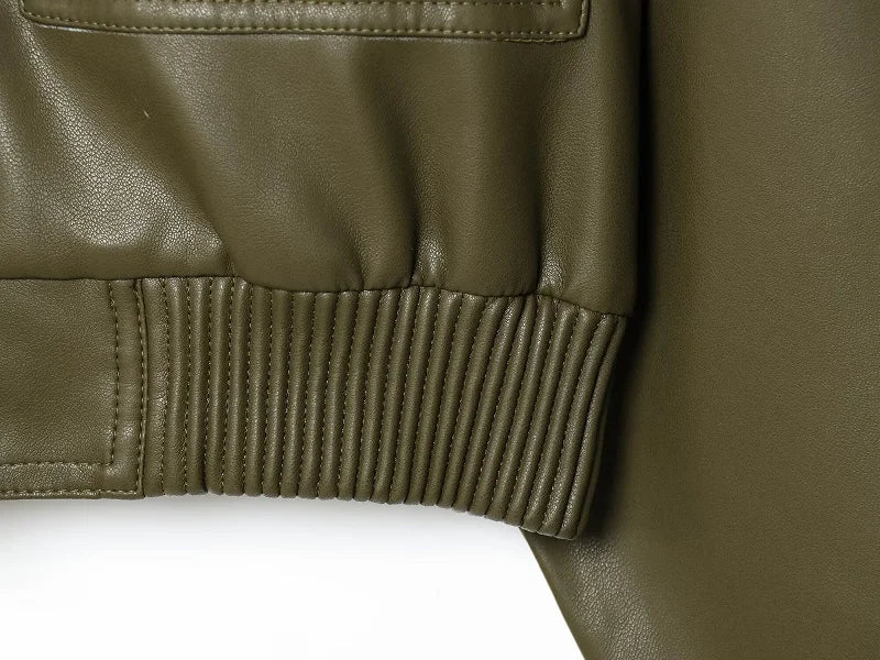 Giacca Bomber Donna Corta Effetto Pelle con Zip e Collo Alto