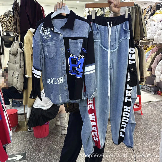 Completo Donna 2 Pezzi Denim Patchwork – Camicia Lunga + Jeans Vita Elastica Street Stylewo-Piece Set Letter Splicing