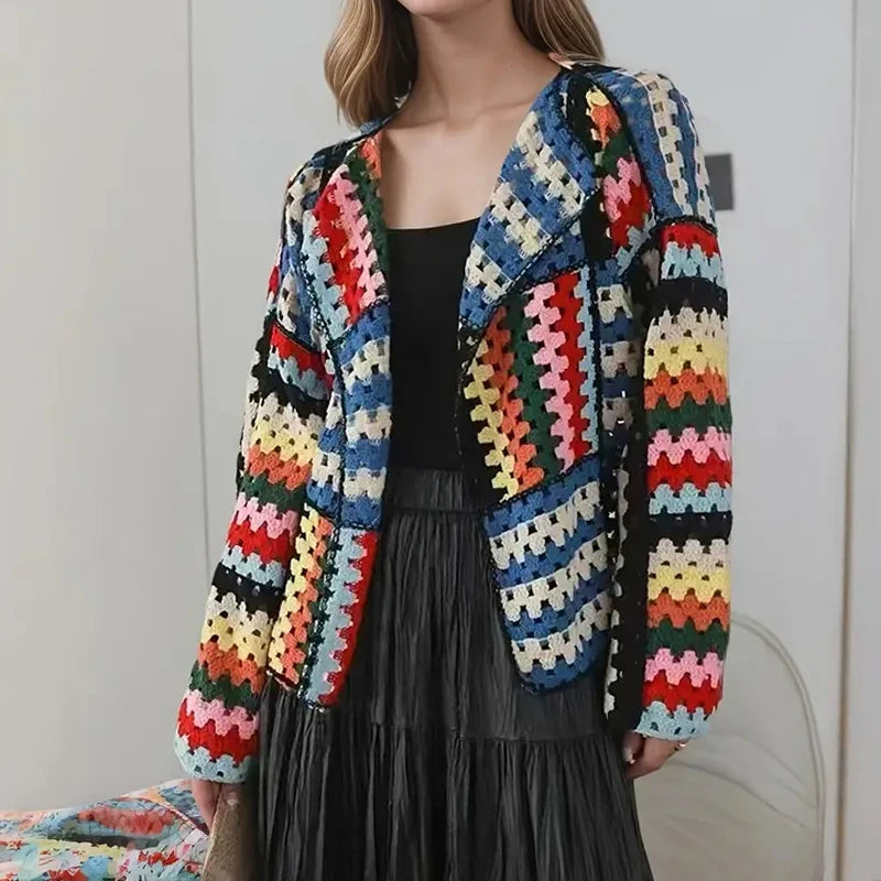 Cardigan multicolore crochet donna – Maglione traforato patchwork openwork
