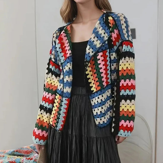 Cardigan multicolore crochet donna – Maglione traforato patchwork openwork