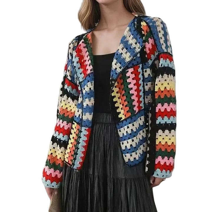 Cardigan multicolore crochet donna – Maglione traforato patchwork openwork