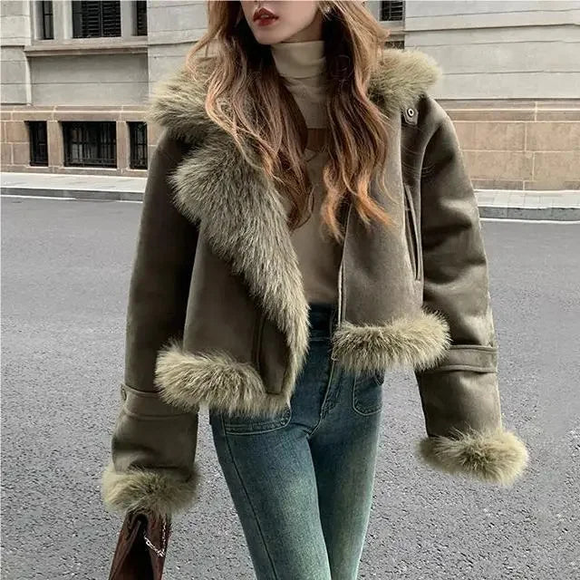 Giacca biker in pelle scamosciata donna con fodera in pelliccia sintetica – Cappotto corto casual slim fit per autunno e inverno