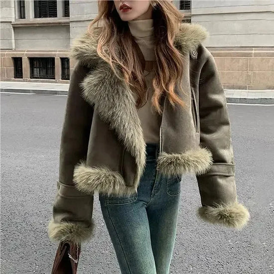 Giacca biker in pelle scamosciata donna con fodera in pelliccia sintetica – Cappotto corto casual slim fit per autunno e inverno