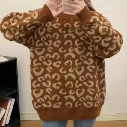 Pullover spesso jacquard 2025 donna – Maglione con fantasia leopard per autunno/inverno