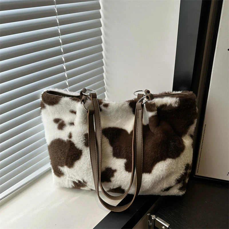 Borsa in Ecopelliccia Donna Animalier Mucca – Grande Capacità a spalla