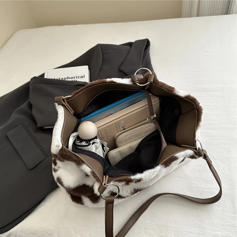 Borsa in Ecopelliccia Donna Animalier Mucca – Grande Capacità a spalla