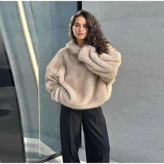 Felpa donna effetto pelliccia marrone con cappuccio