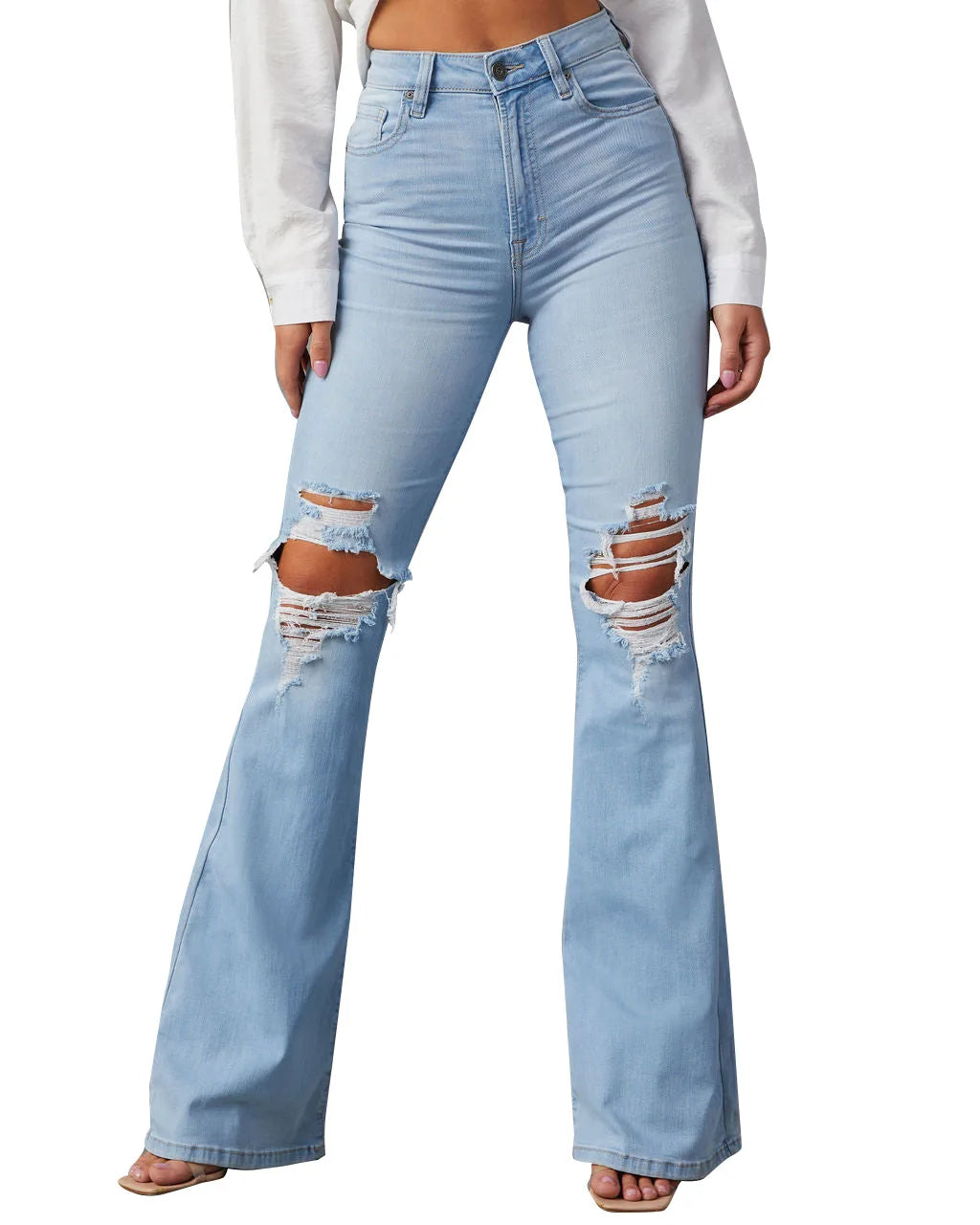 Jeans Donna Vita Alta Flare Ankle con Tasche & Strappi – Denim Loose Fit