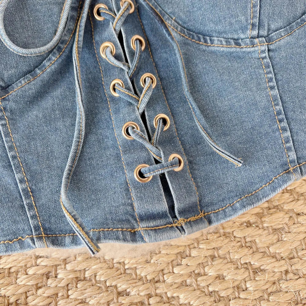 Top Denim Corsetto con Reggiseno Integrato – Crop Top Donna