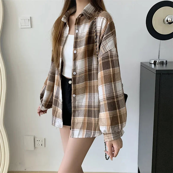 Camicia a quadri donna autunno 2025 – camicia manica lunga stile preppy vintage, taglio loose, single-breasted