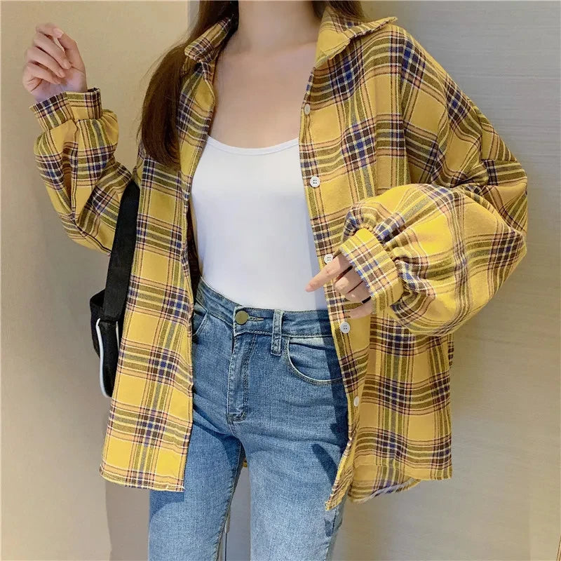 Camicia a quadri donna autunno 2025 – camicia manica lunga stile preppy vintage, taglio loose, single-breasted