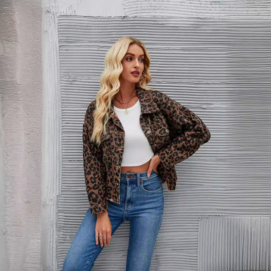 Giacca in denim donna leopard print – blazer oversize a maniche lunghe con collo a rever stile coreano primavera-autunno