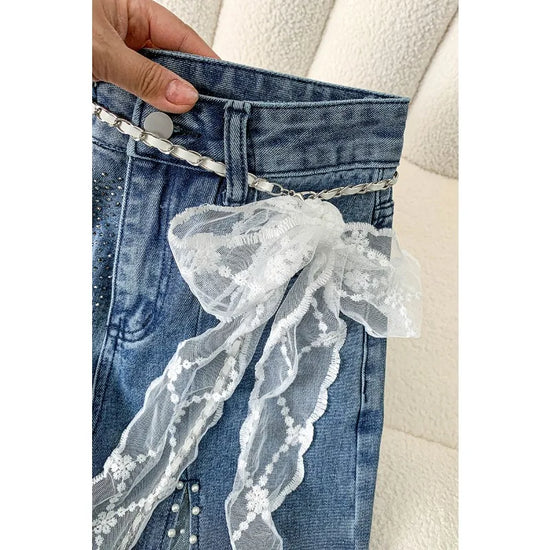 Jeans Donna Wide Leg con Pizzo, Perle e Cristalli
