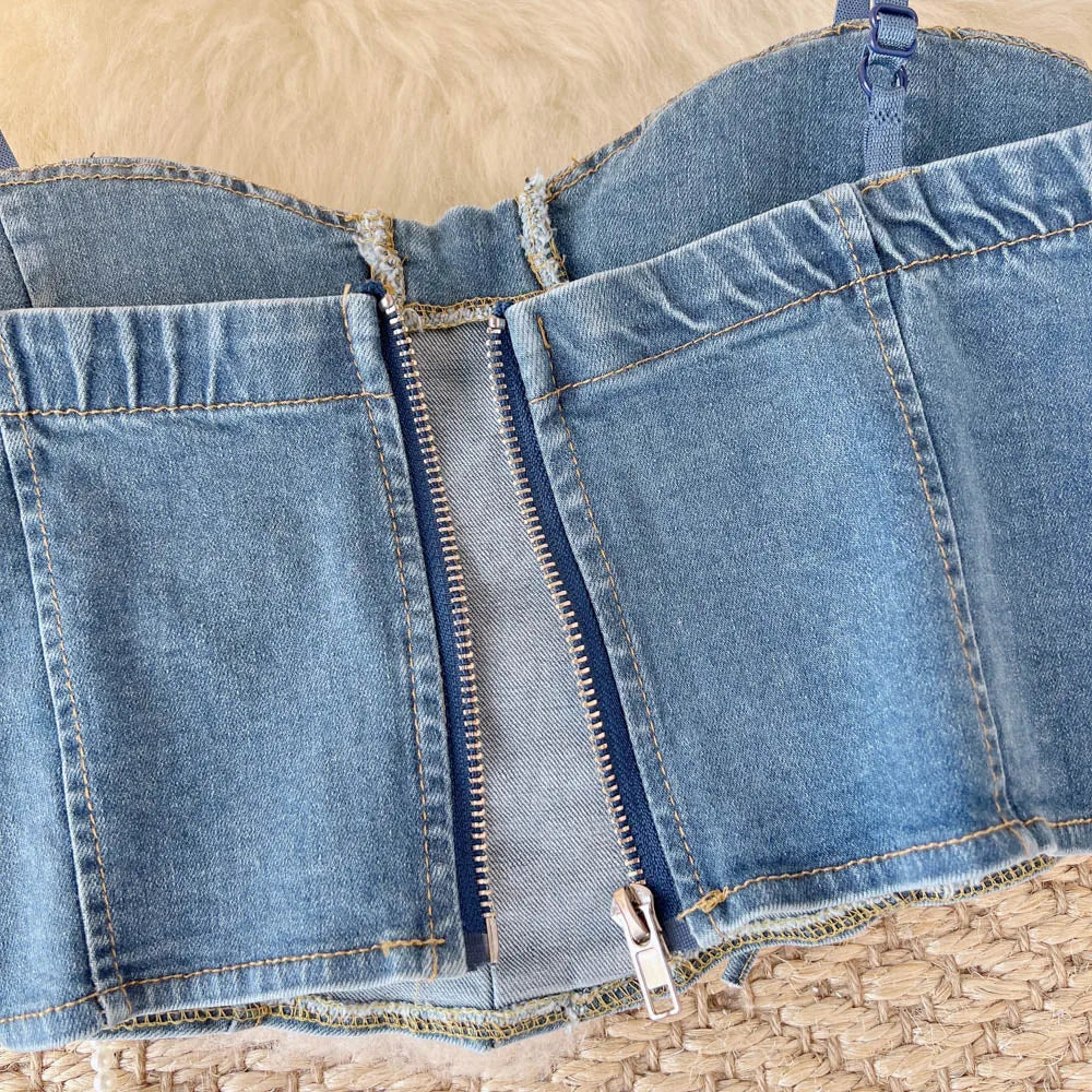 Top Denim Corsetto con Reggiseno Integrato – Crop Top Donna