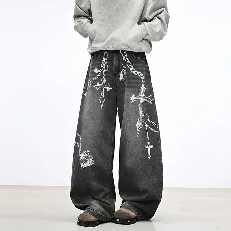 Jeans Baggy Unisex Neri con Stampa a Croce - immagine 14