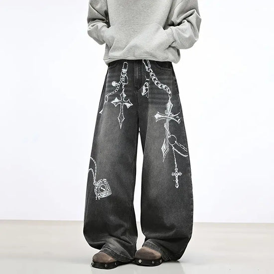Jeans Baggy Unisex Neri con Stampa a Croce - immagine 14