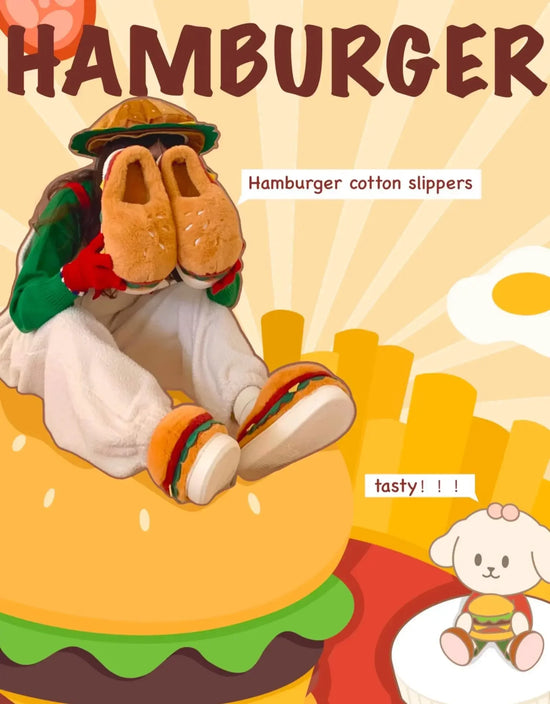2026 new style autumn and winter fun home cotton slippers couple cute hamburger full-covered heel fuzzy shoes warm men and women