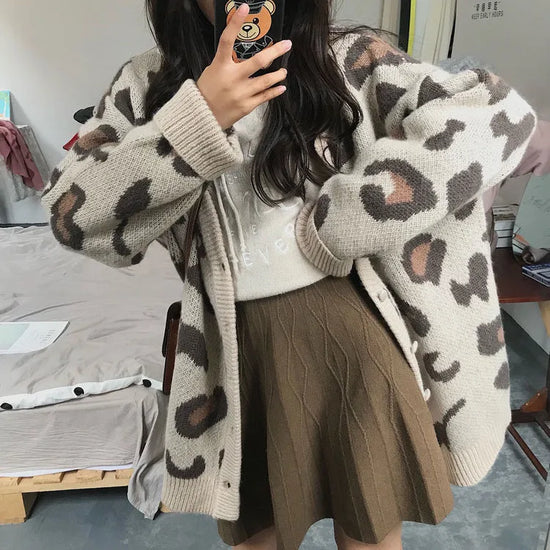 Cardigan leopardato donna con scollo a V stile coreano – Maglione knit oversize autunno/inverno animal print
