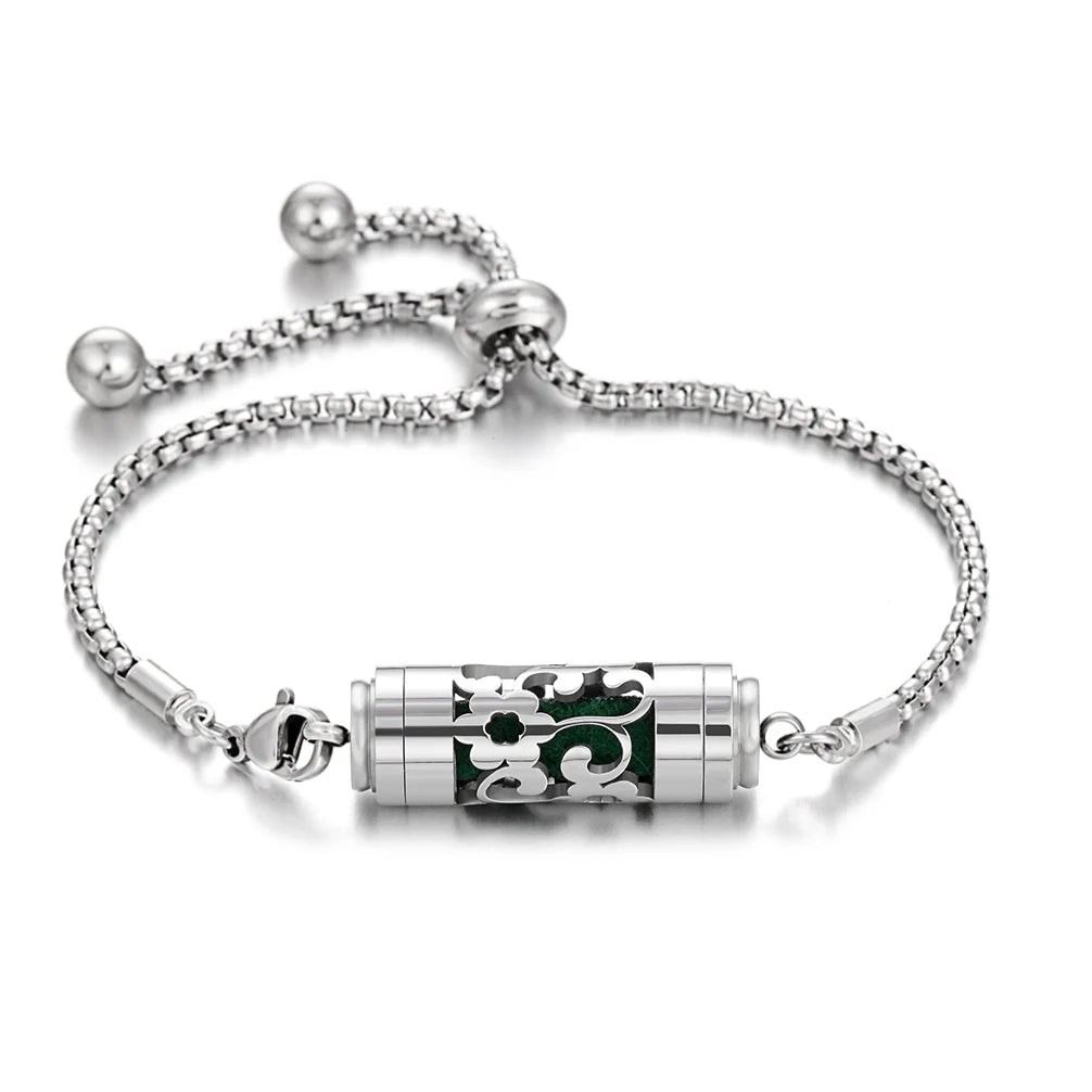 Bracciale diffusore aromaterapia argento in acciaio inox – Ciondolo profumato regolabile per oli essenziali
