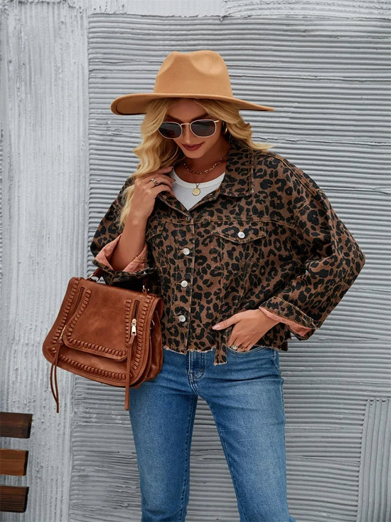 Giacca in denim donna leopard print – blazer oversize a maniche lunghe con collo a rever stile coreano primavera-autunno