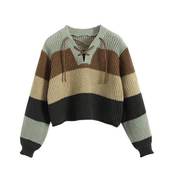 Pullover donna a righe multicolore con scollo lacciato – Maglione crop a maniche lunghe, knit casual autunno/inverno