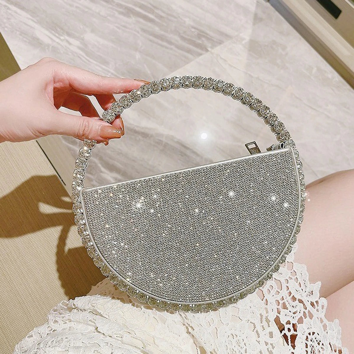Clutch tonda glitter con strass – Borsa da sera elegante a forma di diamante piccola