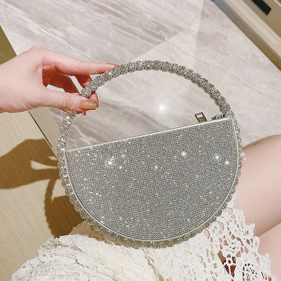 Clutch tonda glitter con strass – Borsa da sera elegante a forma di diamante piccola
