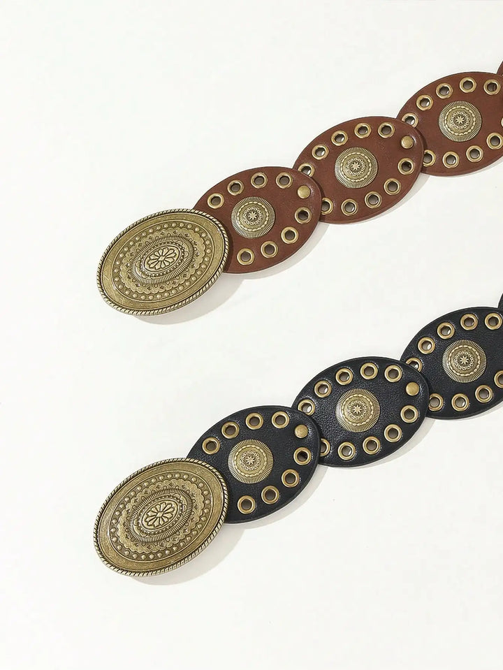 Cintura boho patchwork retrò con fibbia ovale – vintage oval buckle belt stile western / cowboy donna