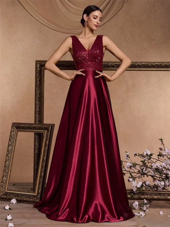 Abito Lungo Elegante Donna con Paillettes e Scollo V – Vestito Cerimonia Matrimonio