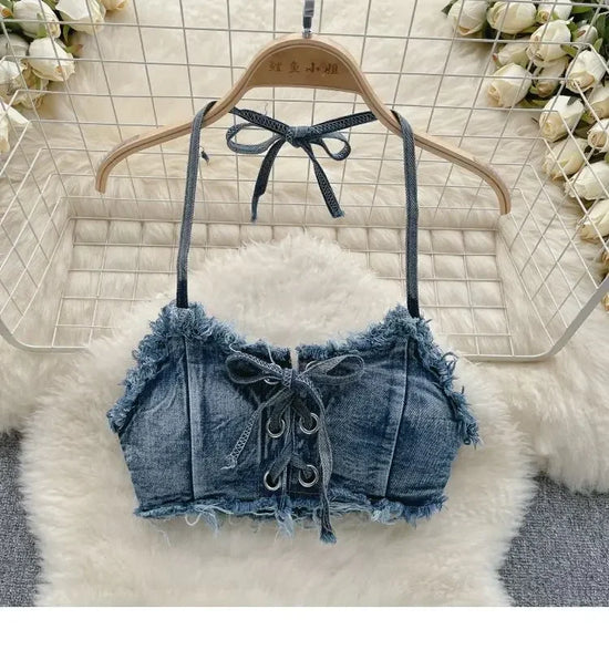 Set bikini donna 2025 con top bra e shorts a vita alta in denim