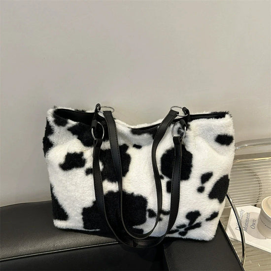 Borsa in Ecopelliccia Donna Animalier Mucca – Grande Capacità a spalla