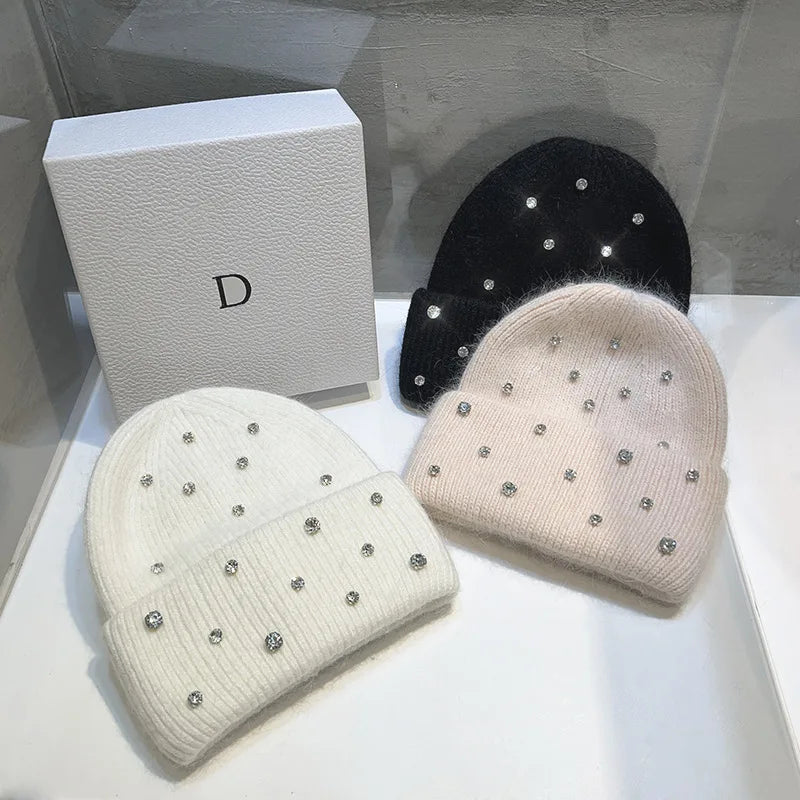 Cappello invernale con strass e pelliccia – Berretto a maglia con perline lucenti per donna, caldo e fashion