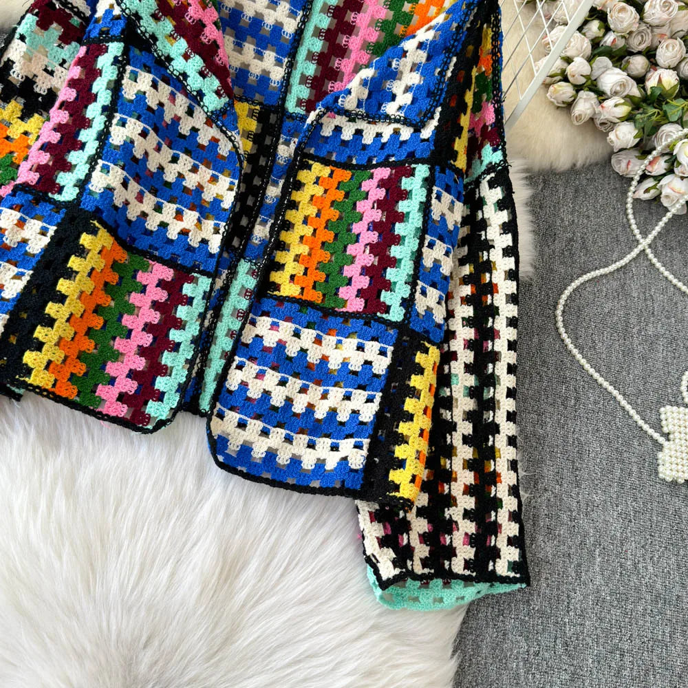Cardigan multicolore crochet donna – Maglione traforato patchwork openwork
