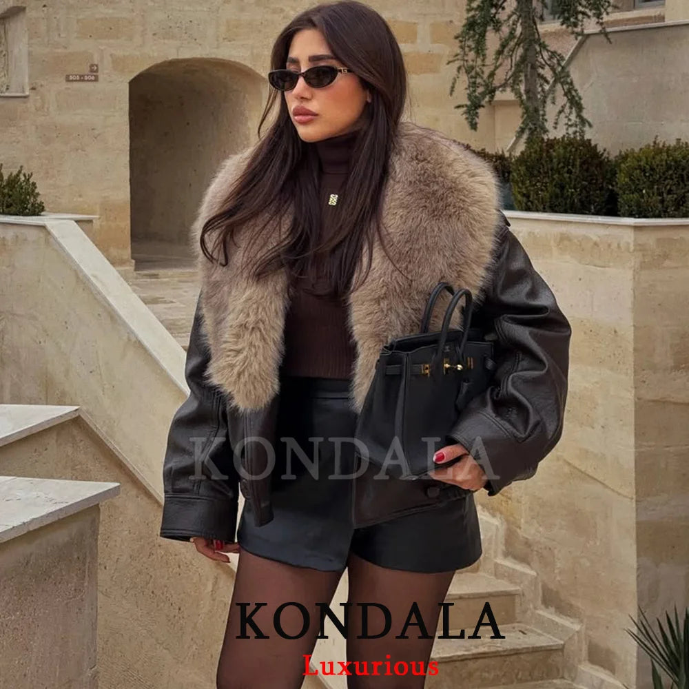 Giacca Donna Effetto Pelle con Collo Effetto Pelliccia - immagine 4